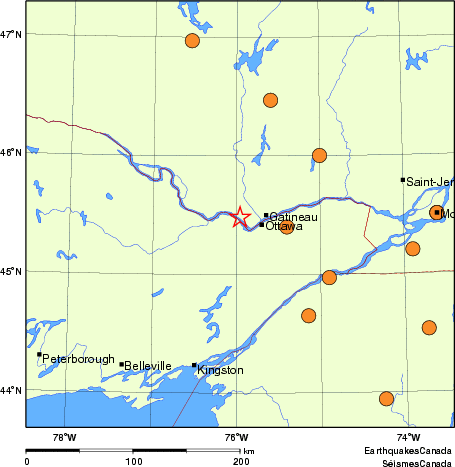 Map of historical earthquakes magnitude 5.0 and larger.  Details in the data table below