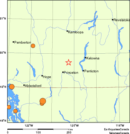 carte des séismes historiques de magnitude 5,0 et plus.  Détails dans le tableau de données ci-dessous