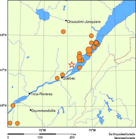 carte des séismes historiques de magnitude 5,0 et plus.  Détails dans le tableau de données ci-dessous