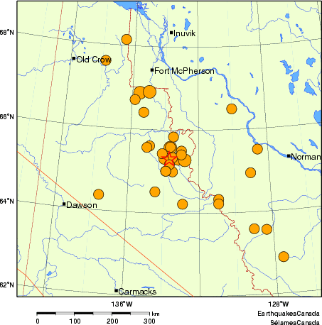 Map of historical earthquakes magnitude 5.0 and larger.  Details in the data table below