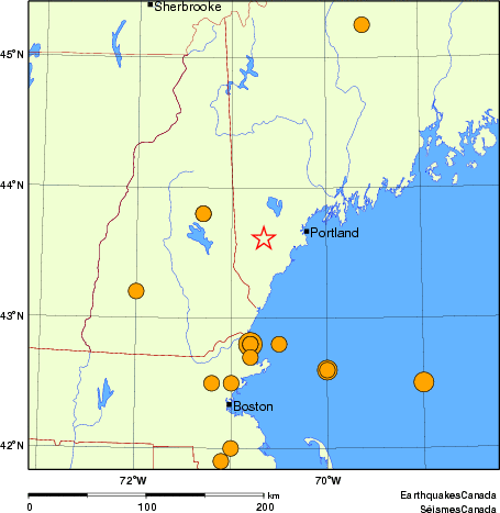Map of historical earthquakes magnitude 5.0 and larger.  Details in the data table below