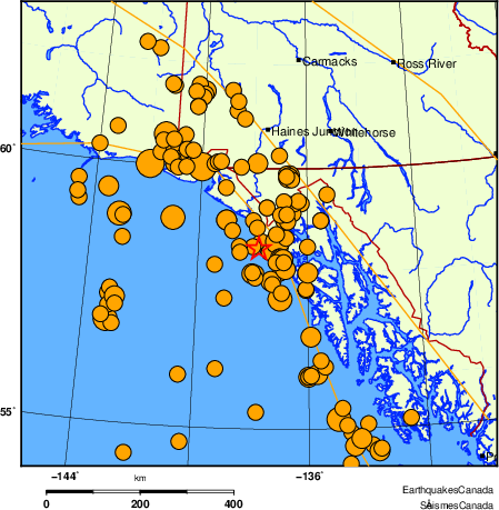 Map of historical earthquakes magnitude 5.0 and larger.  Details in the data table below