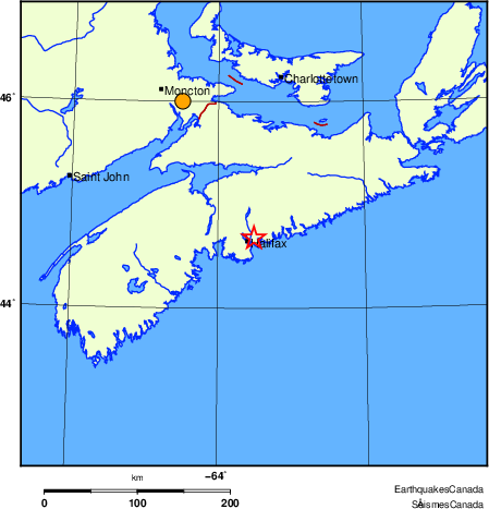 Map of historical earthquakes magnitude 5.0 and larger.  Details in the data table below