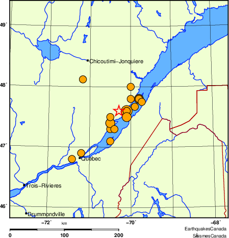 Map of historical earthquakes magnitude 5.0 and larger.  Details in the data table below