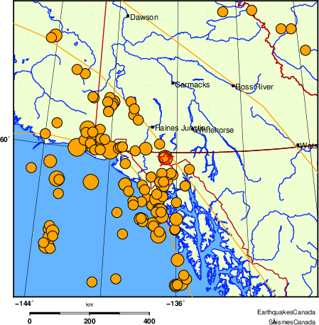 Map of historical earthquakes magnitude 5.0 and larger.  Details in the data table below