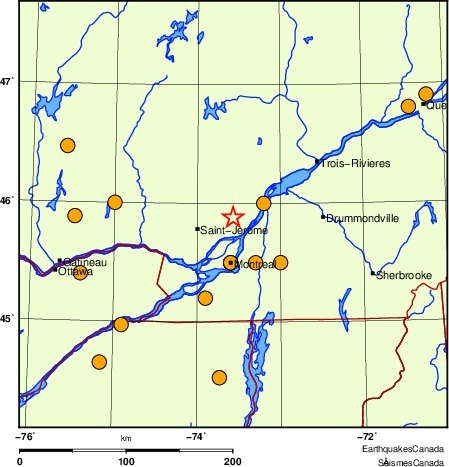 carte des séismes historiques de magnitude 5,0 et plus.  Détails dans le tableau de données ci-dessous
