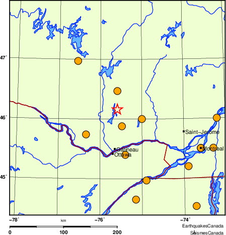 Map of historical earthquakes magnitude 5.0 and larger.  Details in the data table below