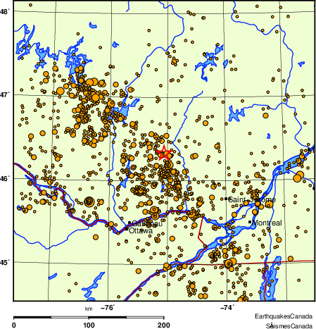 carte des des séismes de magnitude 2,0 et plus depuis 2000