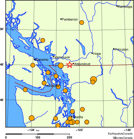 Map of historical earthquakes magnitude 5.0 and larger.  Details in the data table below