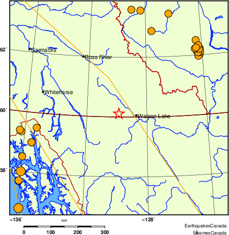 Map of historical earthquakes magnitude 5.0 and larger.  Details in the data table below