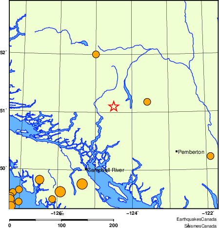 Map of historical earthquakes magnitude 5.0 and larger.  Details in the data table below