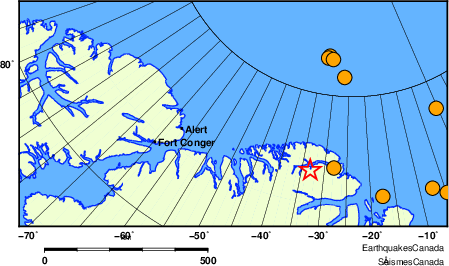 Map of historical earthquakes magnitude 5.0 and larger.  Details in the data table below