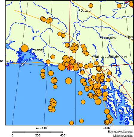 Map of historical earthquakes magnitude 5.0 and larger.  Details in the data table below