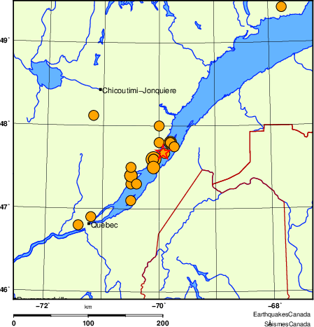 Map of historical earthquakes magnitude 5.0 and larger.  Details in the data table below