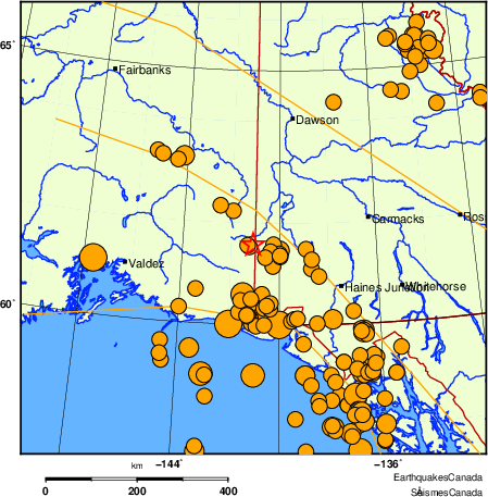 Map of historical earthquakes magnitude 5.0 and larger.  Details in the data table below