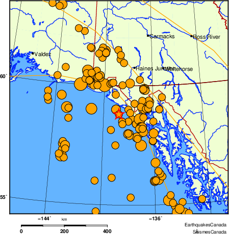 Map of historical earthquakes magnitude 5.0 and larger.  Details in the data table below