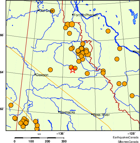 Map of historical earthquakes magnitude 5.0 and larger.  Details in the data table below