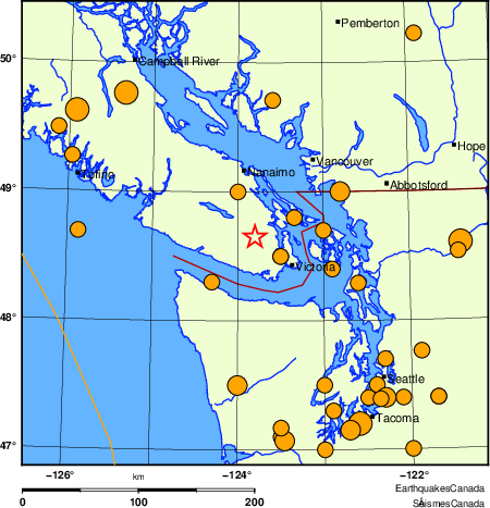 Map of historical earthquakes magnitude 5.0 and larger.  Details in the data table below