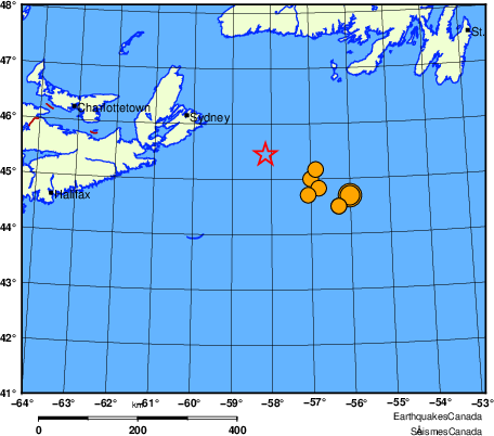 Map of historical earthquakes magnitude 5.0 and larger.  Details in the data table below