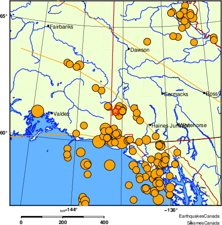 Map of historical earthquakes magnitude 5.0 and larger.  Details in the data table below