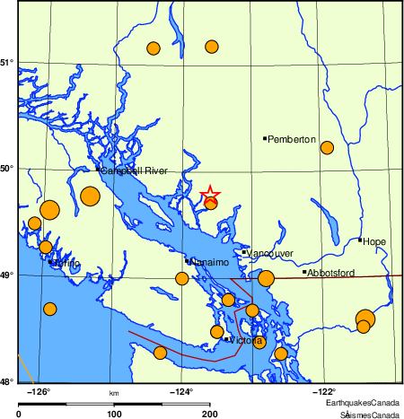 Map of historical earthquakes magnitude 5.0 and larger.  Details in the data table below