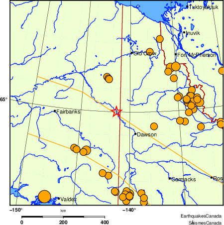 carte des s&eacute;ismes historiques de magnitude 5,0 et plus.  Détails dans le tableau de données ci-dessous