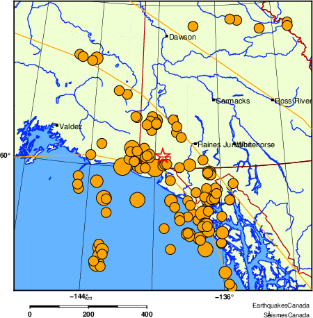 carte des s&eacute;ismes historiques de magnitude 5,0 et plus.  Détails dans le tableau de données ci-dessous