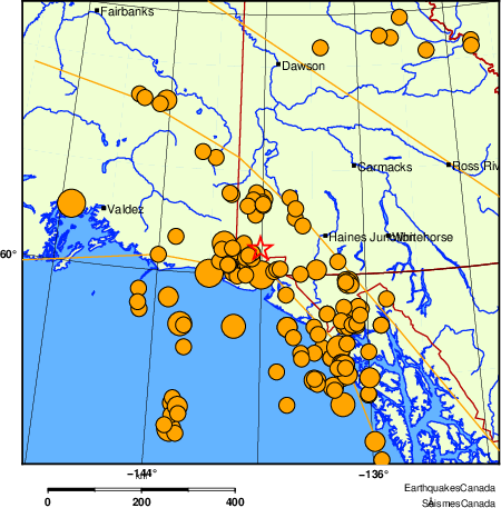 carte des s&eacute;ismes historiques de magnitude 5,0 et plus.  Détails dans le tableau de données ci-dessous