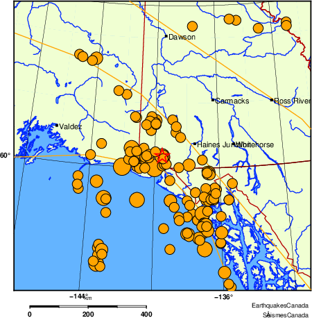 carte des s&eacute;ismes historiques de magnitude 5,0 et plus.  Détails dans le tableau de données ci-dessous