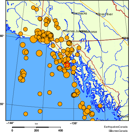 carte des s&eacute;ismes historiques de magnitude 5,0 et plus.  Détails dans le tableau de données ci-dessous