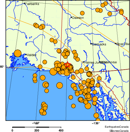Map of historical earthquakes magnitude 5.0 and larger. Details in the data table below
