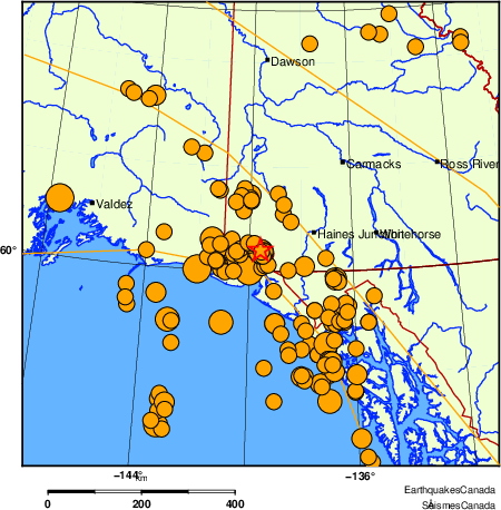 Map of historical earthquakes magnitude 5.0 and larger. Details in the data table below