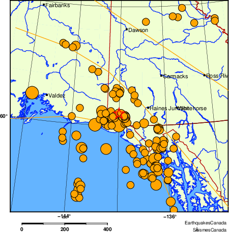 Map of historical earthquakes magnitude 5.0 and larger. Details in the data table below