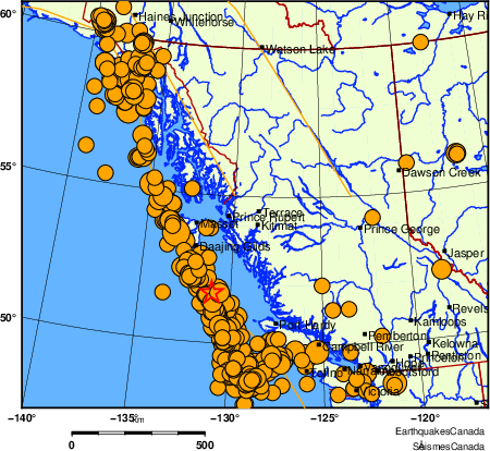 Map of historical earthquakes magnitude 5.0 and larger. Details in the data table below
