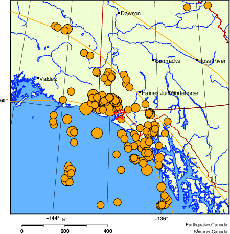 Map of historical earthquakes magnitude 5.0 and larger. Details in the data table below