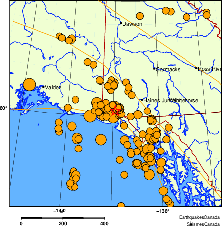 carte des s&eacute;ismes historiques de magnitude 5,0 et plus.  Détails dans le tableau de données ci-dessous