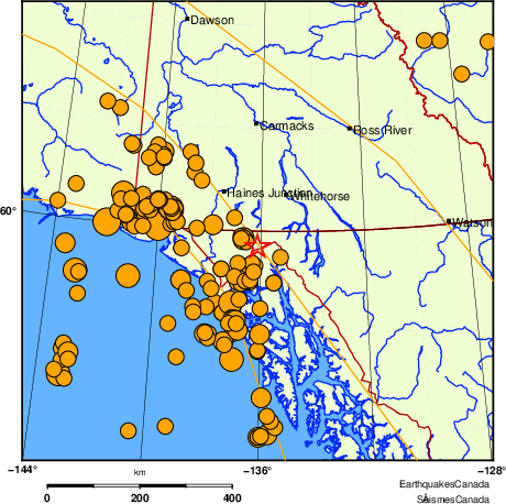 carte des s&eacute;ismes historiques de magnitude 5,0 et plus.  Détails dans le tableau de données ci-dessous