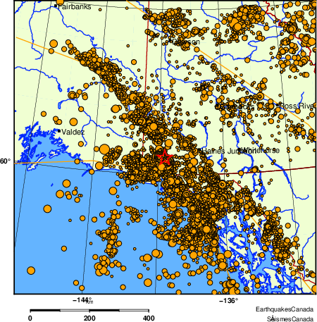 carte des des s&eacute;ismes de magnitude 2,0 et plus depuis 2000