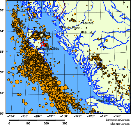 carte des des s&eacute;ismes de magnitude 2,0 et plus depuis 2000