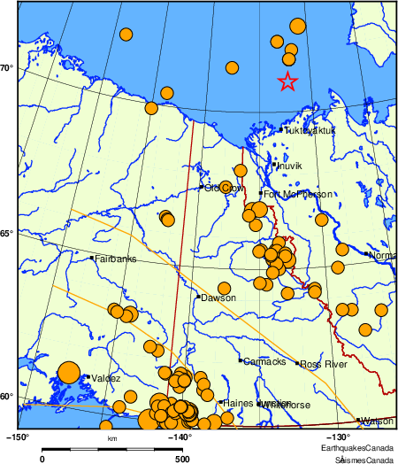 carte des s&eacute;ismes historiques de magnitude 5,0 et plus.  Détails dans le tableau de données ci-dessous